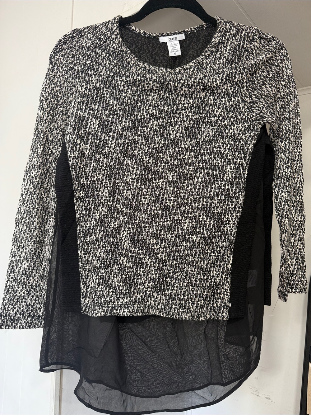bari textured knit top with black chiffon hem. Size XS